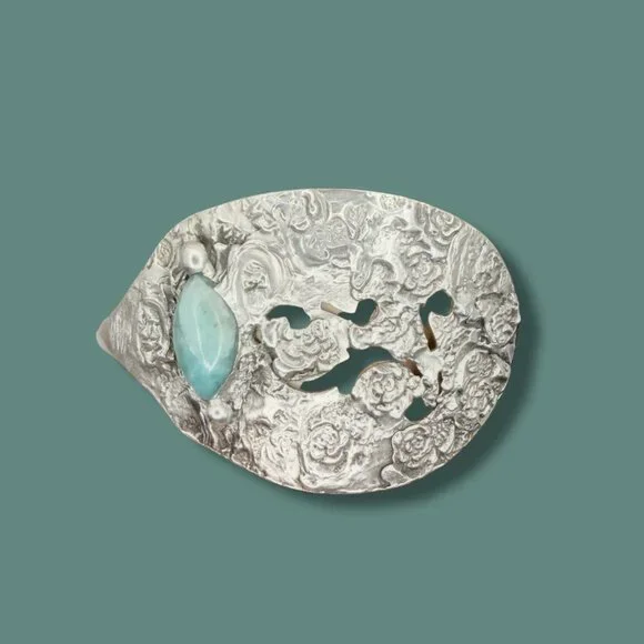 Vintage Silverware Cuff Bracelet with Larimar Stone | Wildwood Pattern 1958 - Picture 11 of 15